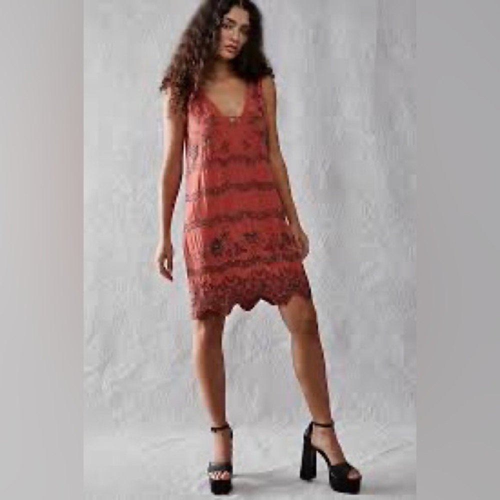 Free People Rust Red Embroidered Mini Dress